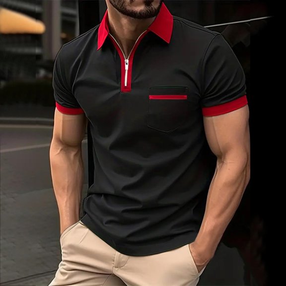 HOOMEUMY Men's Golf Shirts Summer Basic Short Sleeve Basic Tees 2025 Trendy Classic Solid Shirts Turndown Collar Tops Stylish Slim Fit Casual Blouse Workout Red L