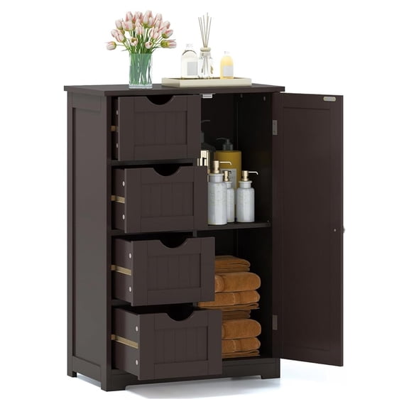 Bathroom Floor Cabinet, Multifunctional Storage Cabinet with 4 Drawers & 1 Door, Wooden Side Storage Organizer for Laundry Room, Living Room or Kitchen(Brown)