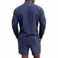 thumbnail image 3 of Ohufall Men 2 Piece Outfit Button Turndown Collared Loose Long-sleeve Shirt with Drawstring Elastic Waist Baggy Shorts Suit, 3 of 5