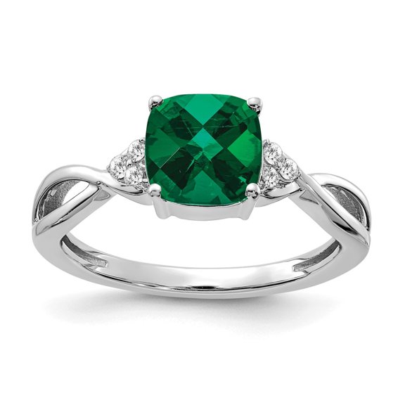 Diamond2Deal 14k White Gold Checkerboard Created Emerald and Diamond Ring for Women Size- 7