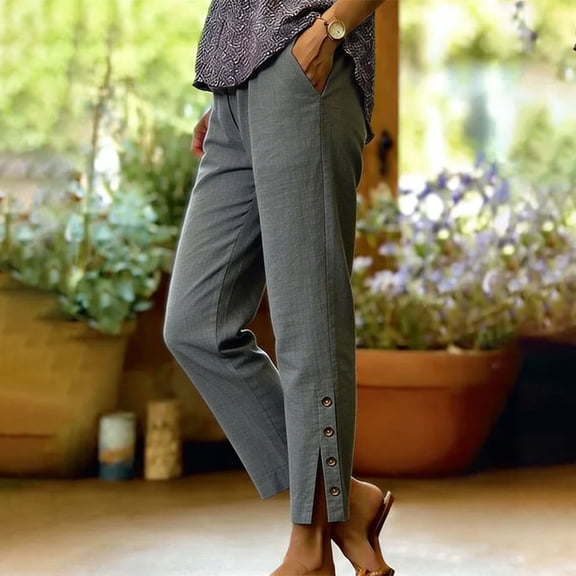 Women's Mid Waisted Casual Pants, Button Front Cropped Trousers With Pockets, Pull On Elastic Waist Soft Stretchy Fabric, Comfy Side Split Tapered Leg for Work Office, Weekend