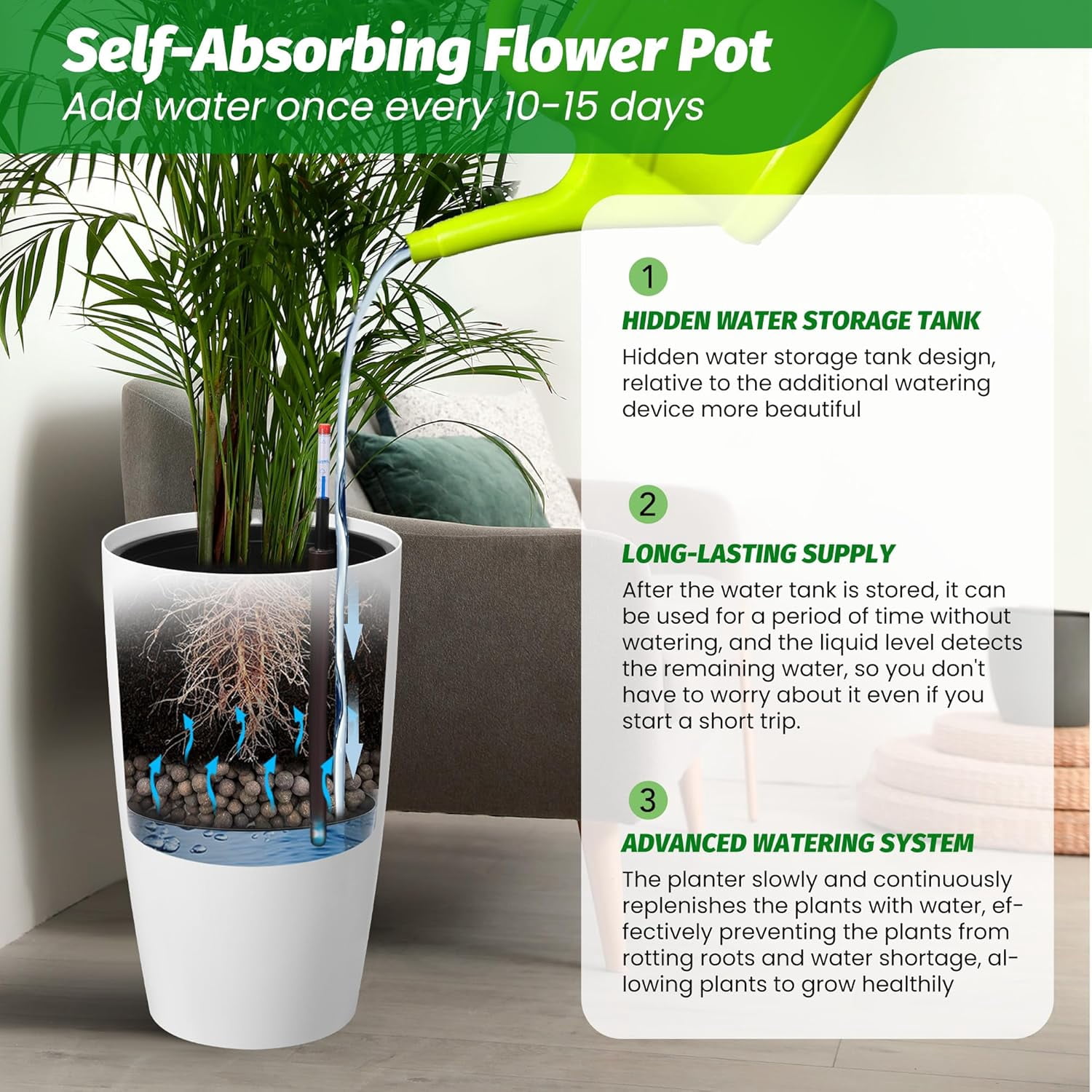 16"/22" Tall Planters (Set of 2) - Self-Watering Indoor Plant Pots with Drainage & Water Level Indicator, Modern Flower Pots for Patio, Living Room & Office