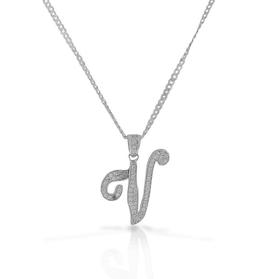 925 Sterling Silver CZ Letter Initial "V" Pendant Necklace - V