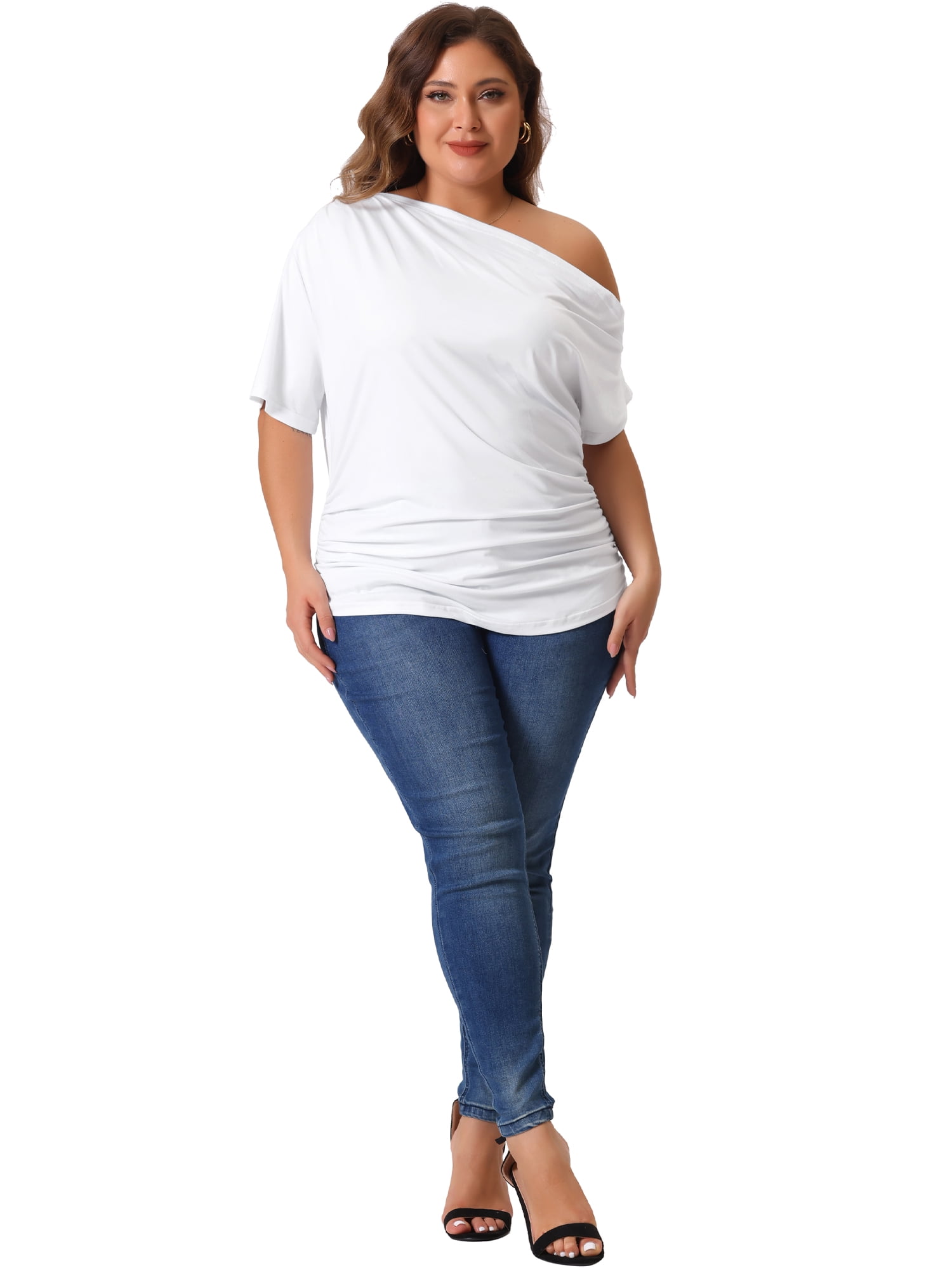 DARING DIVA Women's Plus Tops One Shoulder  Ruched Basic Blouses Summer Tee Tops 5X White