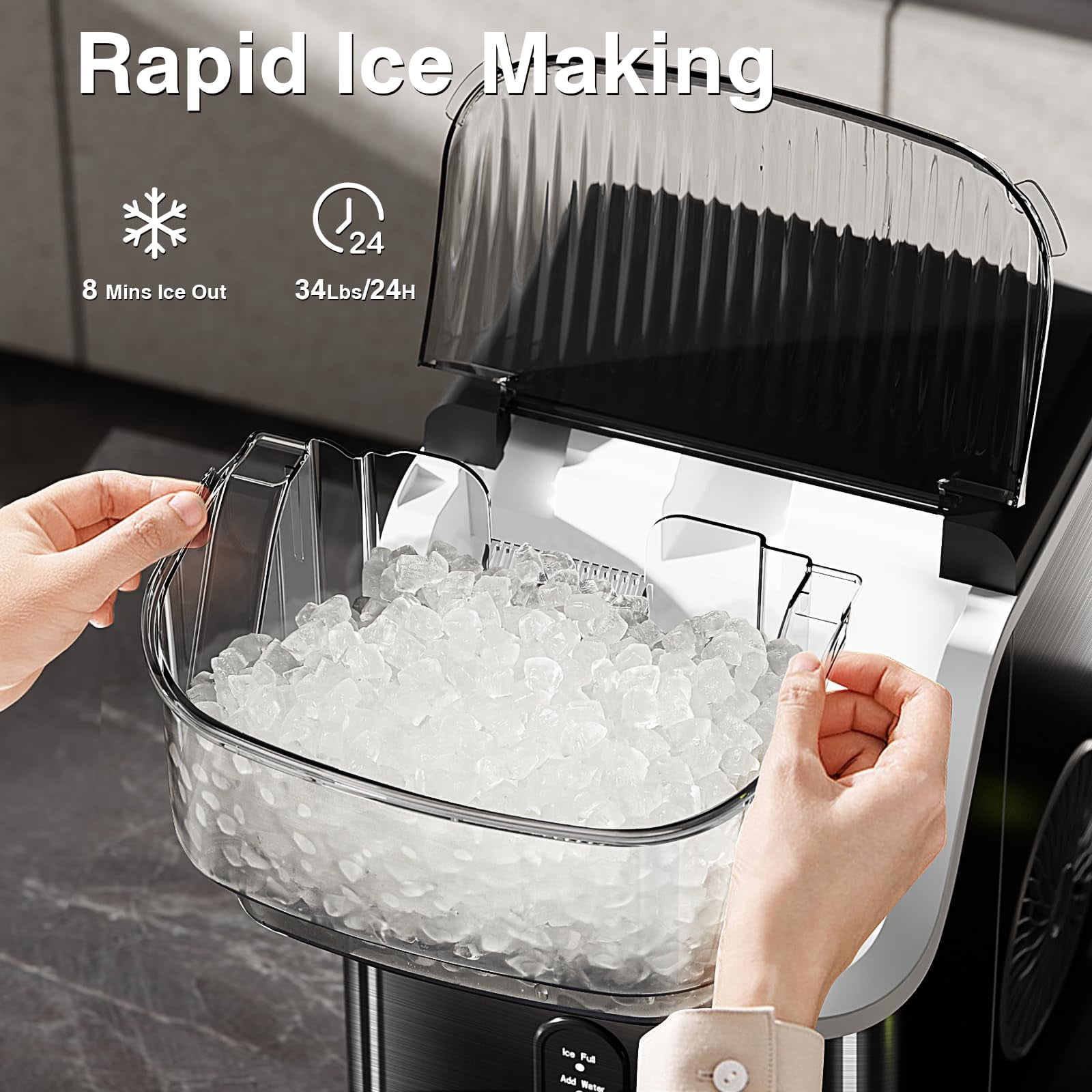 FREE VILLAGE Nugget Ice Makers Countertop,Pebble Ice Maker Machine with Soft Chewable Ice,35lbs/24H,Self-Cleaning,One-Click Operation,Stainless Steel, Crushed ice Maker for Home Kitchen Office