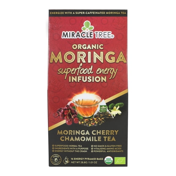 Miracle Tree's Moringa Energy Tea - Cherry Chamomile | Super Caffeinated Blend | Healthy Coffee Alternative, Perfect for Focus | Organic Certified & Non-GMO | 16 Pyramid Sachets