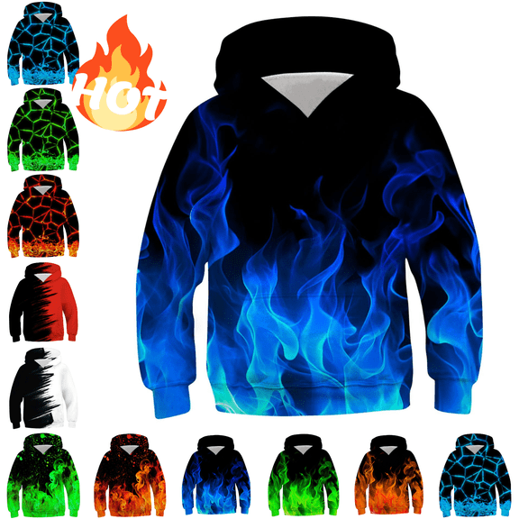 Mifsaly Big Boys Hoodie Tech Neon Crack Flame Print Long Sleeve Hooded Sweatshirt Oversized Casual Activewear Fall Winter Clothes