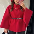thumbnail image 2 of Women's Elegant Woolen Cape Coat - Solid Color Waist Tie Hooded Outerwear, Stylish Warm Winter Jacket, Red Size XXL, 2 of 6