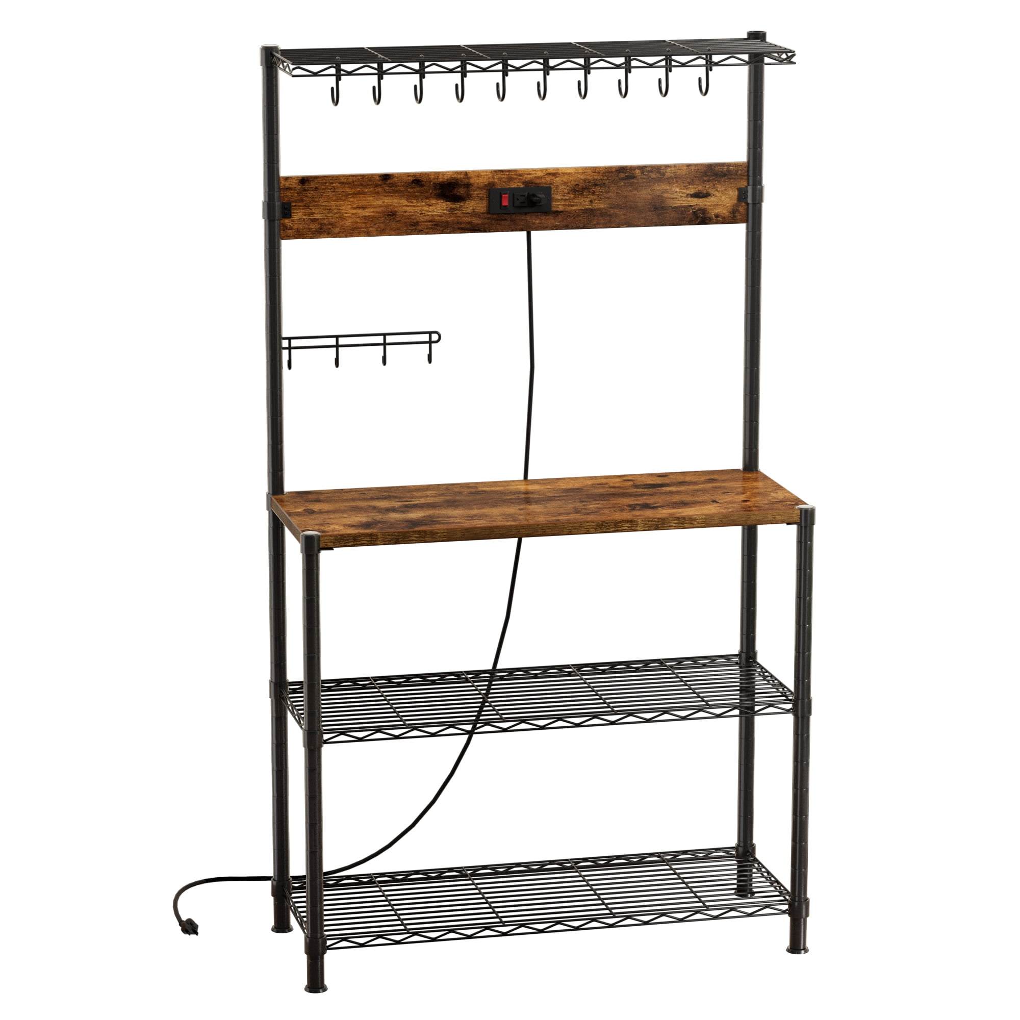 17 Stories Kickemuit 23.6 Kitchen Bakers Rack Coffee Bar Table Microwave  Stand Storage Shelf with Power Outlet, 4 Tiers, 6 S-shaped Hooks & Reviews