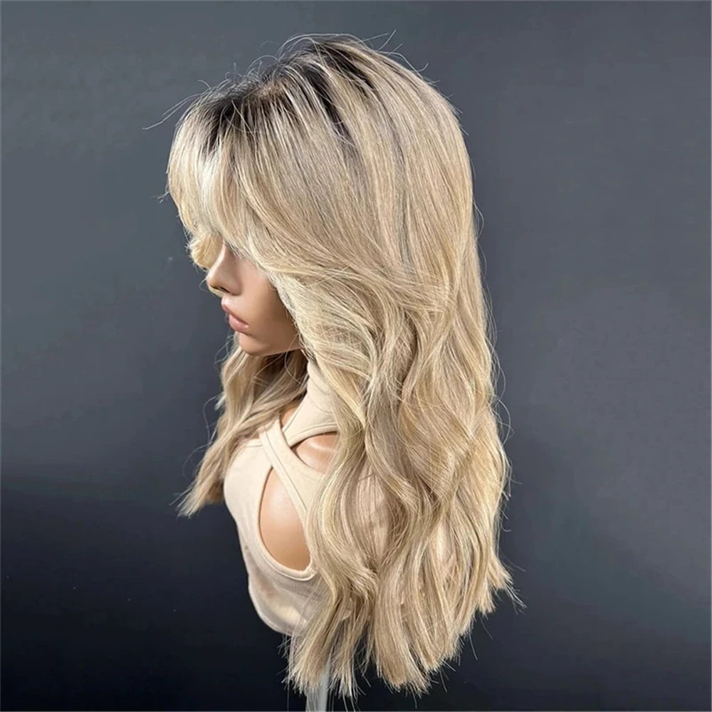 Lace Part Wigs for Women Ombre Ash Honey Blonde Colored Glueless Wigs with Bangs Wig Synthetic