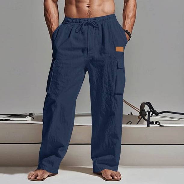 Ceisia Men's Solid Color Cotton-Linen Blend Cargo Pants, Drawstring Elastic Waist Casual Trousers for Men Navy S Gifts