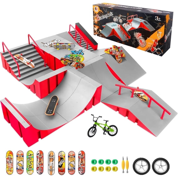 Finger Skateboard Park Kits,14 in 1 Skateboard Finger Toys with 8 Finger Skateboards & 14 Skatepark Deck Ramp,Finger Bike for Boys or Girls Gift,Mini Finger Skateboards Ramp Accessories Set