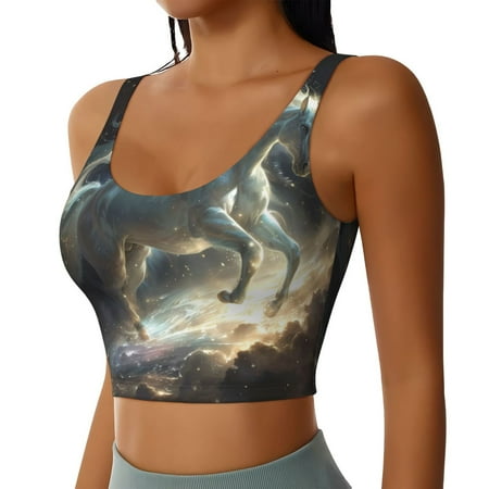 Haiem Space White Horse Pattern Womens Sports Bra - U Neck Padded Low Impact Yoga Bra Workout Crop Top Gym Moisture-Wicking Workout Vest -X-Large