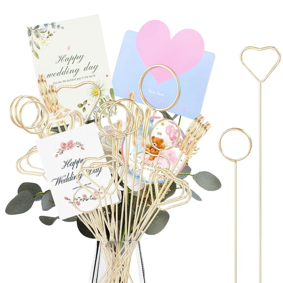 80PCS Card Holder for Flowers, Metalfloral Picks Gold Bouquet Picture Holders for Centerpieces, Gift Card Bouquet Kit for Wedding and Party(Heart, Round)
