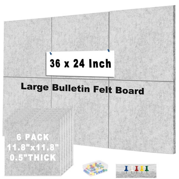 Cork Board Felt Board Tiles for Walls with 60 Push Pins, 11.8"x11.8" Pack of 6 Pin Board Notice Boards for Home Office Kitchen, Bulletin Board Wall Tiles for Photos Memos, Light Grey