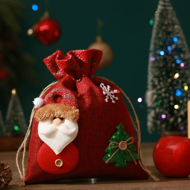 Suministros de Decoración Navideña Bolsas de Lino con Forma de Manzana Bolsas de Dulces Bolsas de Regalo con Estampado de Dibujos Animados Bolsas Navideñas Bolsas de Almacenamiento Pequeñas