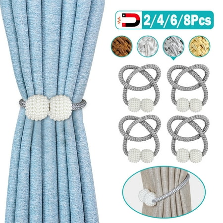 Tie Back Hardware 2/4/6/8Pcs Magnetic Curtain Tiebacks, Decorative Rope Curtain Holdback Elegant Pearl Ball Magnetic Buckle,Drape Tie Backs Holders Holdbacks Decorative Handmade Rope Clips for Window Décor Bedroom ()