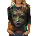 thumbnail image 2 of Cavosen Mardi Gras Women's Tops 3/4 Sleeve Length Festival Carnival Crewneck Tops Mask Graphic Print Blouse Holiday Stylish Shirts Casual Workout T-Shirts Party Shrove Tuesday Tees L, 2 of 5