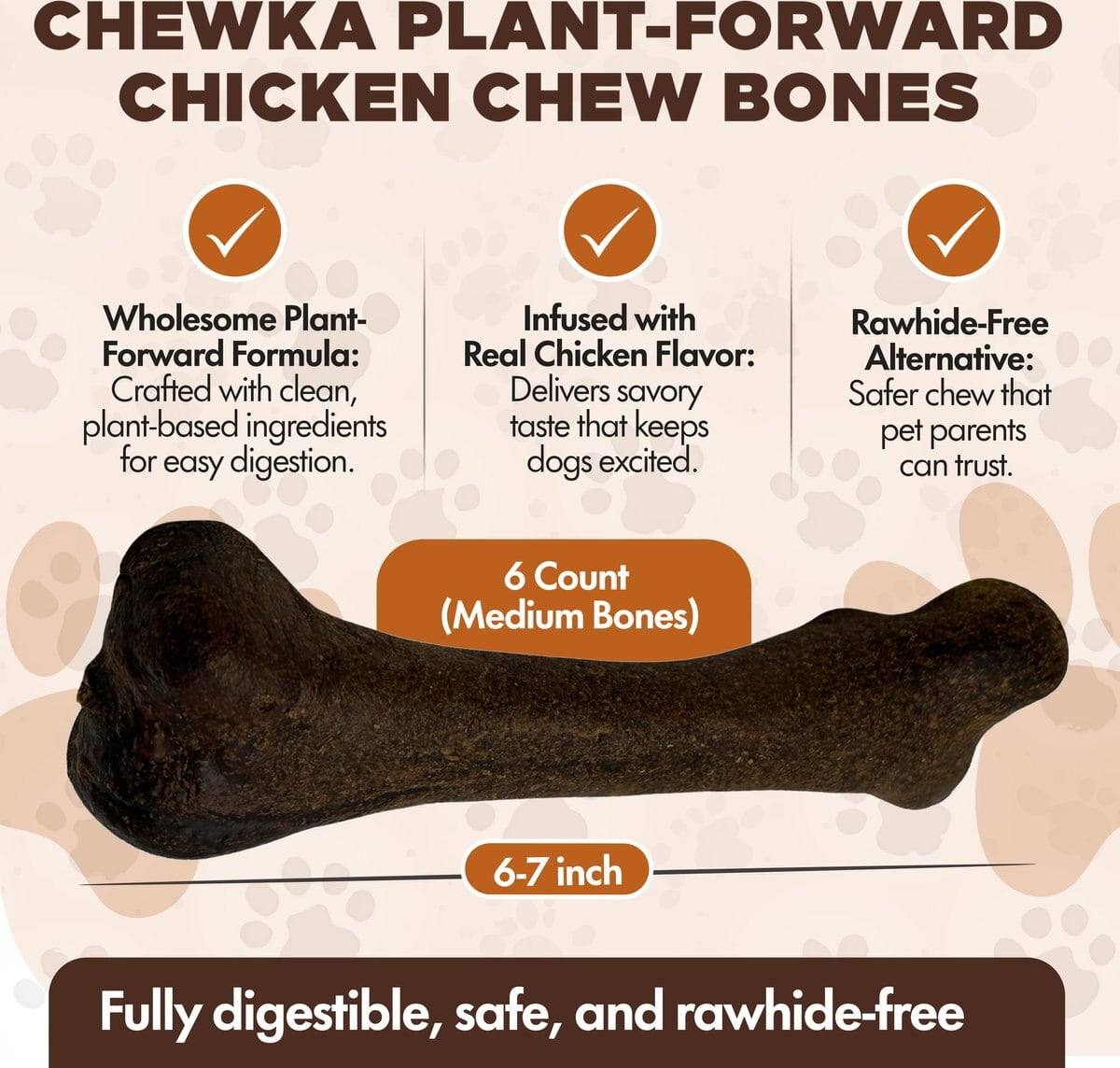 Scoochie Pet Chewka Chicken Flavored Plant-Forward Fully Digestible Dog Chew Bone, Medium, 6CT