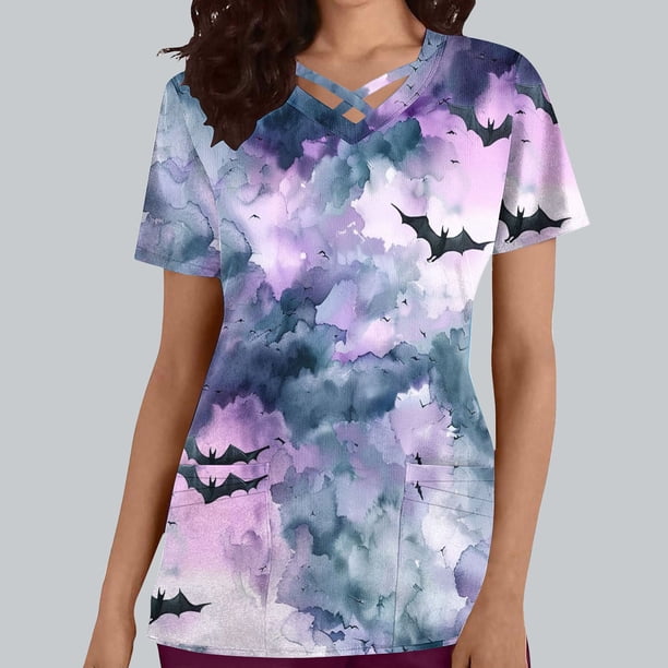 Fiudx Ofertas Relámpago Top de Lactancia con Bolsillo y Cuello En V de Manga Corta con Estampado de Halloween para Mujer