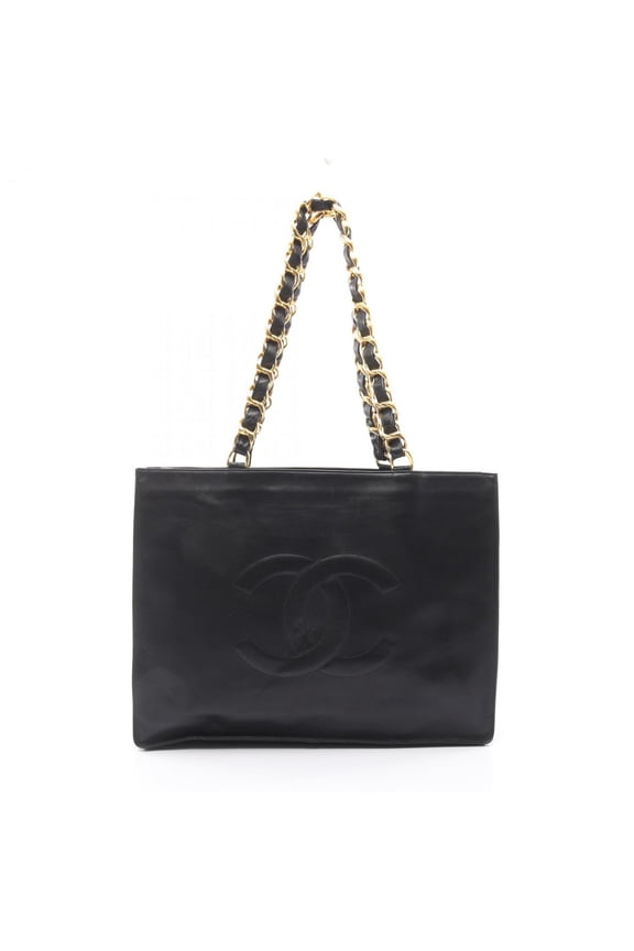 Pre-Owned CHANEL Deka Coco Mark Tote Bag Handbag Lambskin (Sheep Leather) Women's Black