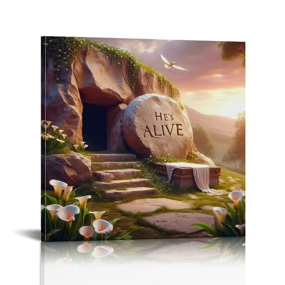 Vintage Easter Christian Jesus Wall Art Jesus Leaves the Tomb Canvas Painting Resurrected Savior Leaves the Tomb He Is Risen Posters Prints for Church Home Bedroom living room Home Wall Decor Framed