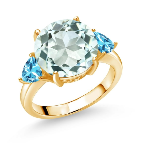Gem Stone King 18K Yellow Gold Plated Silver Sky Blue Simulated Aquamarine and Swiss Blue Topaz 3-Stone Ring for Women (7.86 Cttw, Round 12MM, Trillion 5MM, Size 9)
