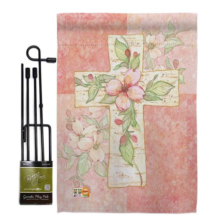 Breeze Decor BD-FR-GS-103044-IP-BO-D-US12-AM 13 x 18.5 in. Pink Flower Cross Inspirational Faith & Religious Impressions Decorative Vertical Double Sided Garden Flag Set with Banner Pole