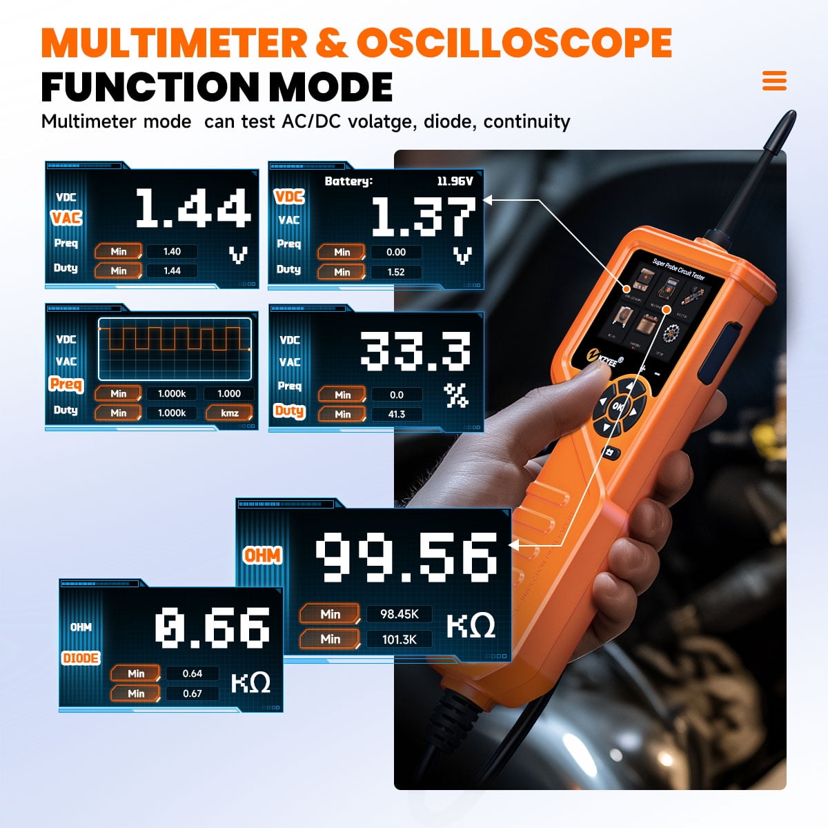 KZYEE KM601 Super Probe Circuit Tester, 12V 24V Automotive Power Circuit Probe Kit, Multimeter/Oscilloscope/Relay Test/Battery Test/Fuel Injector Test, Short Finder, 30FT Cable