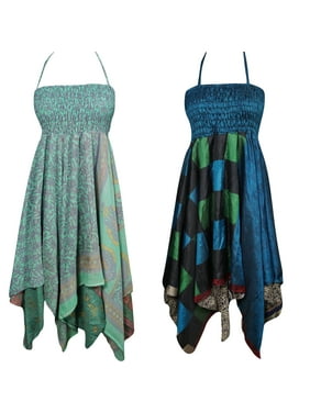 Mogul Lot Of 2 Womens Green Blue Summer Dress Vintage Sari Handkerchief Hem Recycled Halter Neckline 2 Layer Comfy Dresses XS