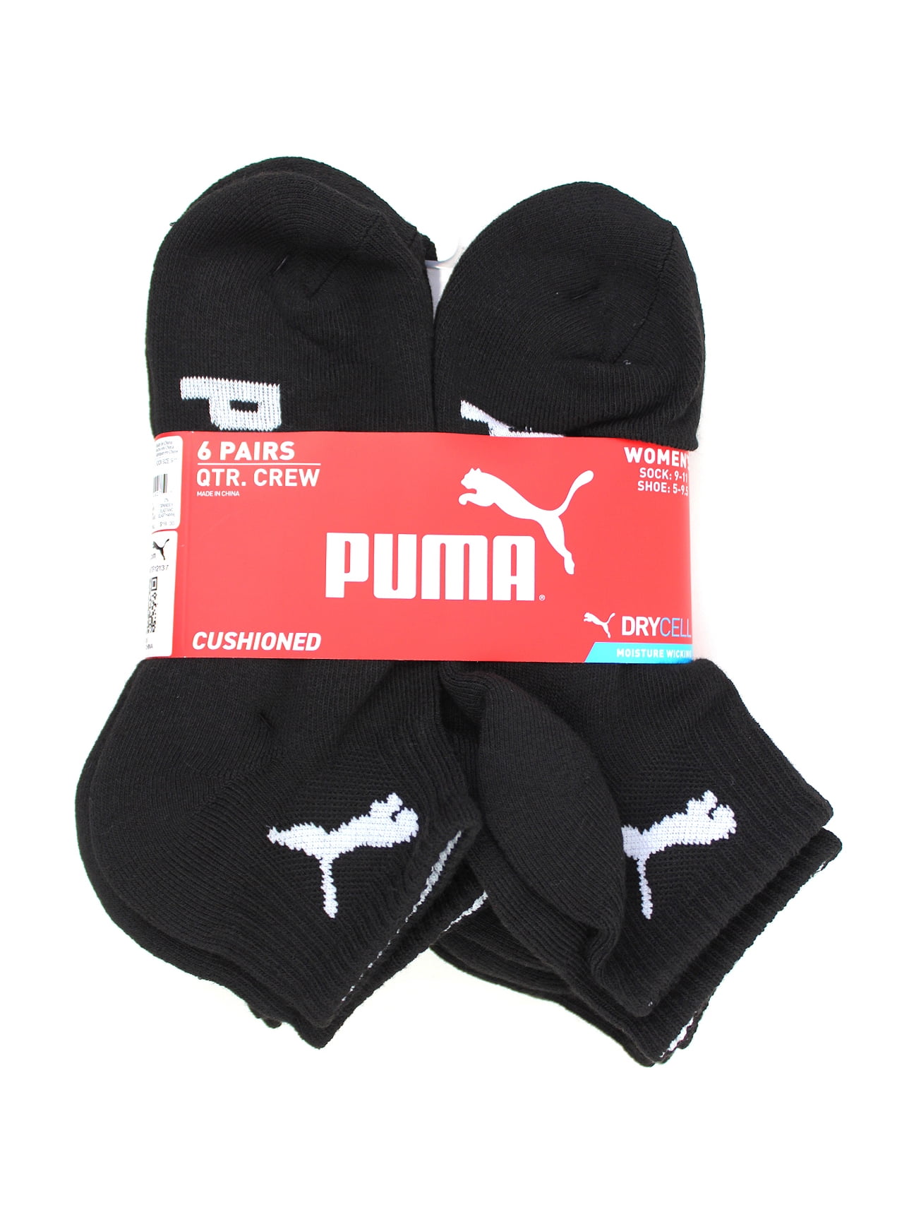 Puma Womens 6 pack Quarter Crew DryCell Moisture Wicking Sport Cushioned  Socks size 9-11 Black White - Walmart.com