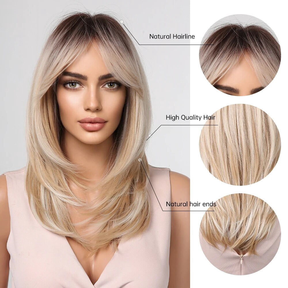 SUCS Long Blonde Wigs for Women Synthetic Hair Wig with Fringe Ombre Color with Dark Roots Layered Wigs Heat Resistant