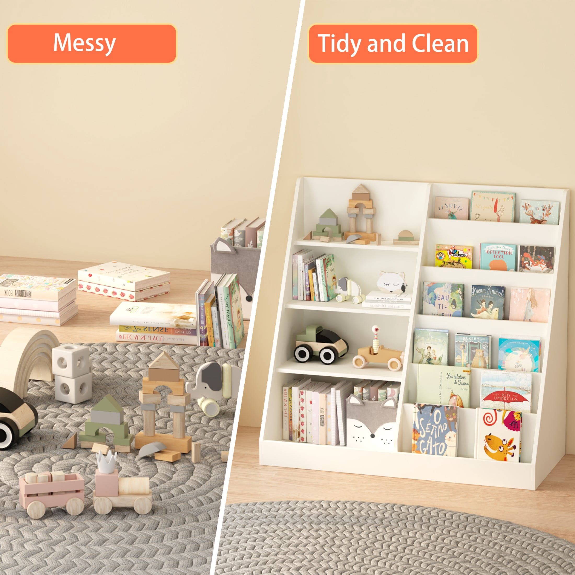 Alvantor Kids Bookshelf and Toy Storage Organizer, Multifunctional 4 Tier Wooden Bookcase for Nursery Playroom, White