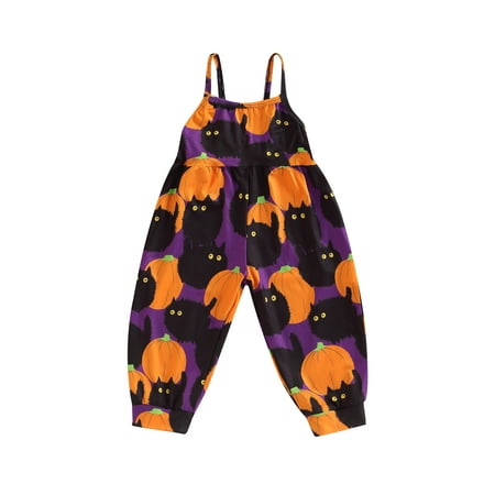 

One opening Toddler Kids Girls Halloween Romper Ghost/Cartoon Cat Pumpkin Print Sleeveless Sling Jumpsuit One-Piece Clothes