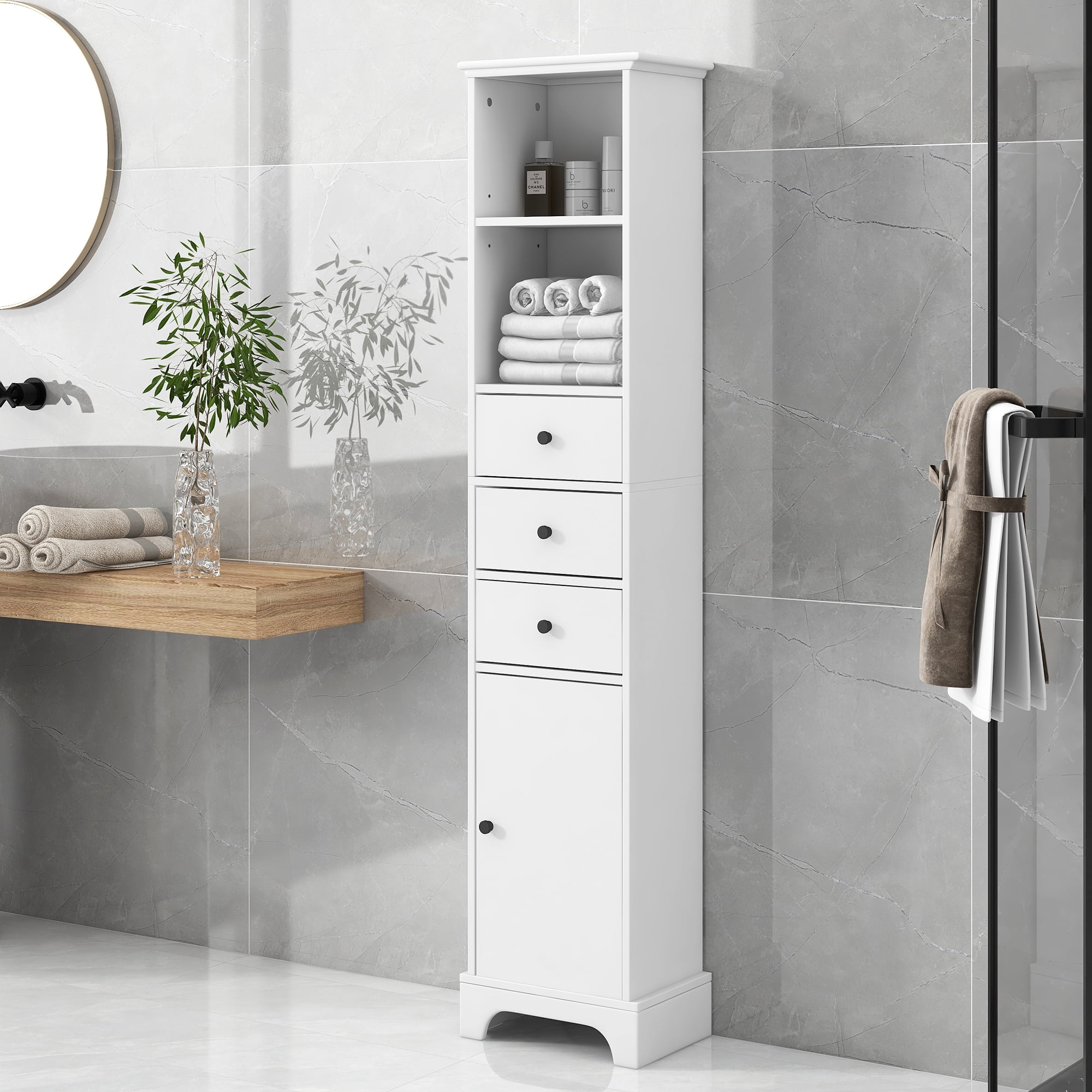 EUROCO Bathroom Storage Cabinet,Wood Linen Cabinet, Narrow Tall Cabinet Storage Tower with Adjustable Shlef,Door and 3 Drawers,Painted Finish, White