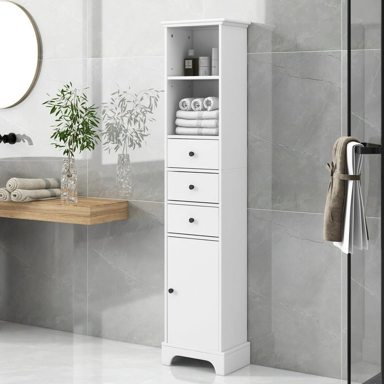 EUROCO Bathroom Storage Cabinet Wood Linen Cabinet Narrow Tall Cabinet Storage Tower with Adjustable Shlef Door and 3 Drawers Painted Finish White Walmart