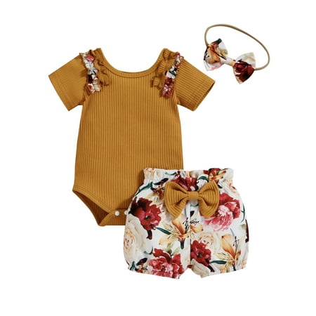 

Paille Newborn Jumpsuit Casual Summer Outfits Cute Party Romper Bow Tie Home Top+Shorts+Headband 3Pcs Outfit Suit