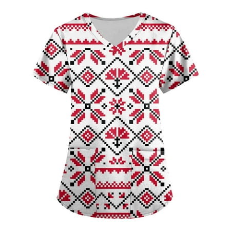 

XHJUN Women Aztec Prined Scrubs Plus Size Short Sleeve V Neck Printed Nursing Uniform Western Ethnic Graphic Scrub Tops