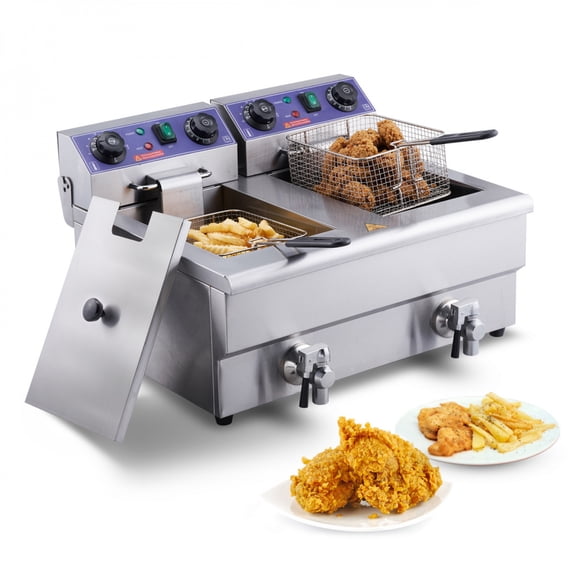 Commercial Electric Deep Fryer Countertop 3000W Dual Tanks Large Capacity Temp Time Control Cool Touch Handle
