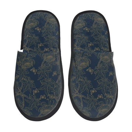 Balery Vintage Chrysanthemum Slient Indoor Furry Fleece Comfort House Shoes Soft Non-Slip Home Shoes Cotton slippers House Slippers-- Large