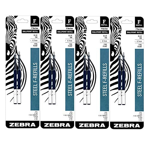 Zebra F-Series Ballpoint Stainless Steel Pen Refill, Fine Point, 0.7mm, Blue Ink, 2-Count (4 PACK)