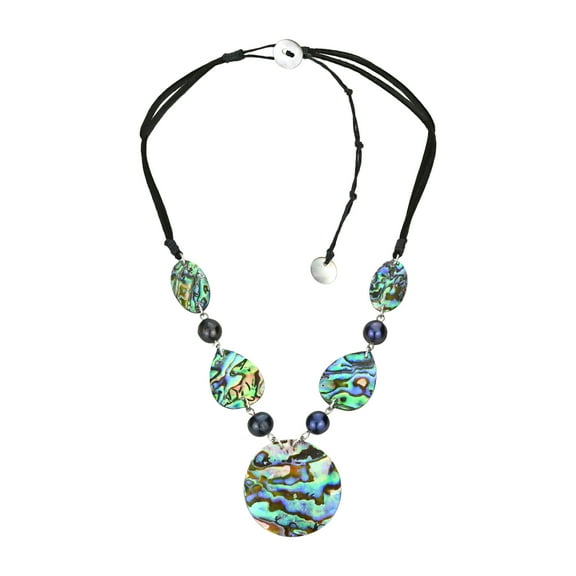 AeraVida Ocean Elegance Round Abalone Shell and Black Pearls Velvet Fabric Necklace
