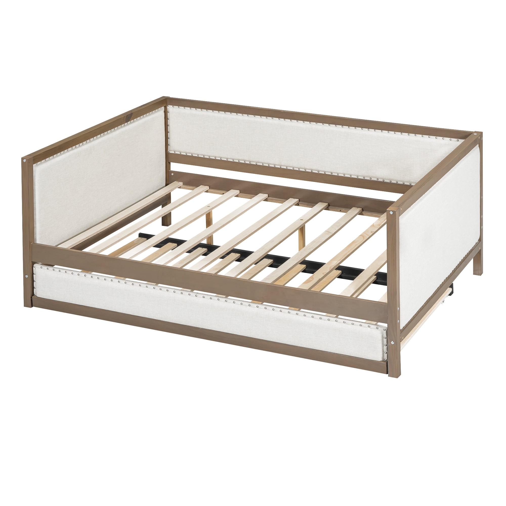 Euroco Upholstered Daybed with Trundle Bed, Full Size Nailhead Sofa Bed, Wood