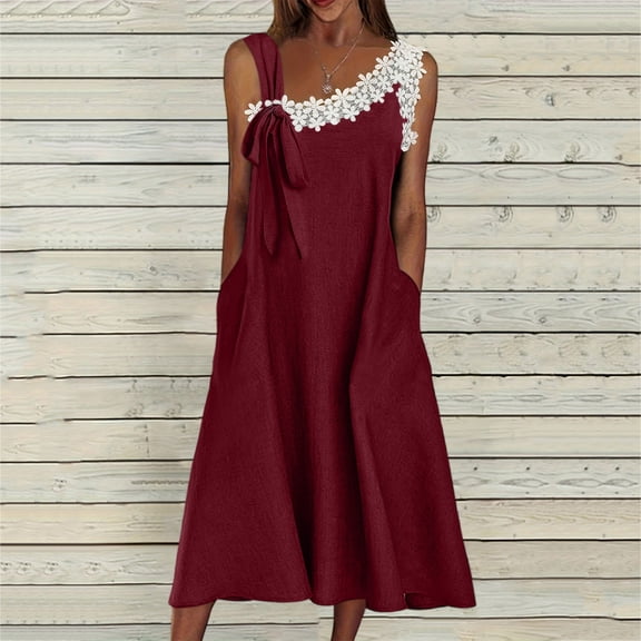 Mifsaly Sleeveless Dresses Women Lace Patchwork Midi Flowy Linen Dress Closure Bow Lightweight Summer Sundresses with Pockets XL