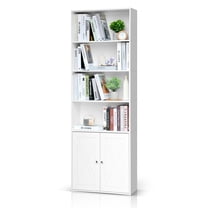 Bookshelf and Bookcase with Doors, Floor Standing 6-Tier Shelf Display Storage Shelves, Tall Bookcases for Home Office, Living Room, White