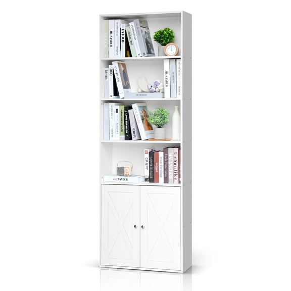 Bookshelf and Bookcase with Doors, Floor Standing 6-Tier Shelf Display Storage Shelves, Tall Bookcases for Home Office, Living Room, White