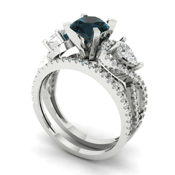 1.89 ct Brilliant Round Cut Natural London Blue Topaz 14k White Gold Solitaire with Accents Engagement Bridal Wedding Ring Band Set size 6.25