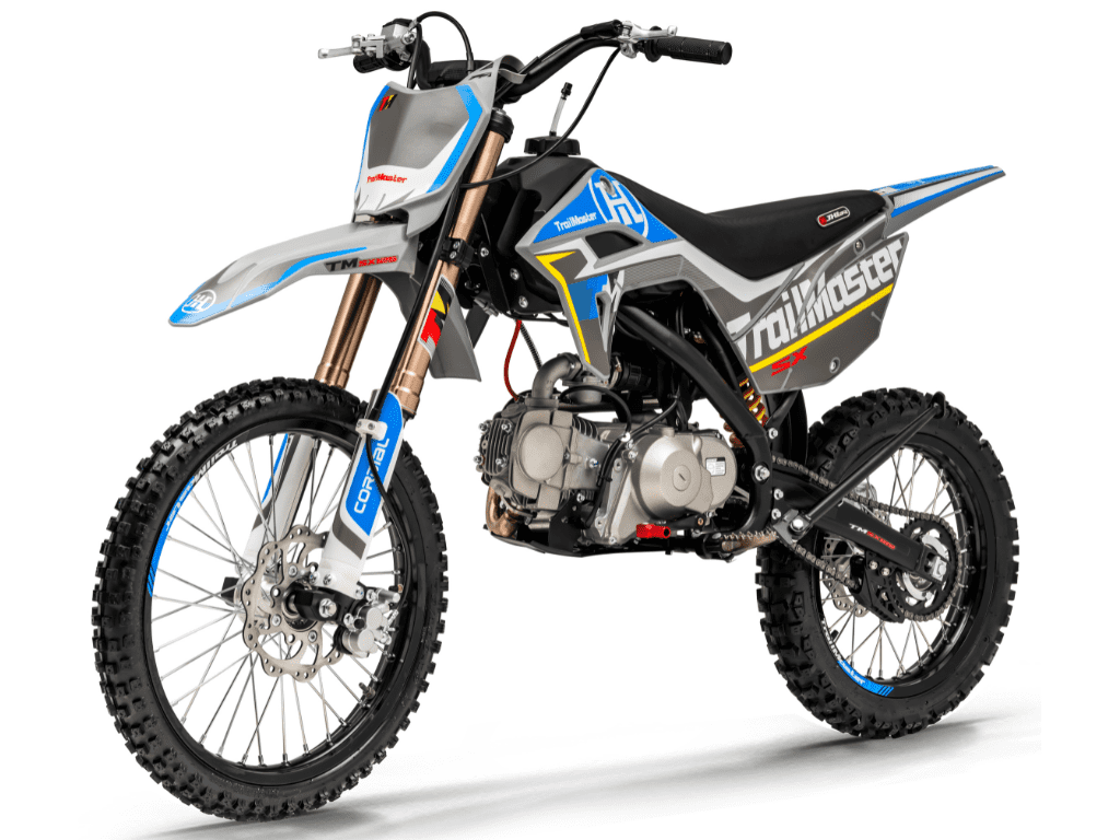 Trailmaster SX125 Dirt Bike, 124cc, Max Speed 50 mph, Ages 16+, 4-Speed Manual, Air-Cooled Engine, Electric & Kick Start, 19/16 Tires, 32.7" Seat Height (Blue)