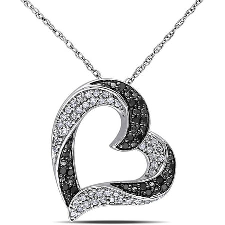 1/3 Carat T.W. Black and White Diamond 10kt White Gold Heart Pendant, 17