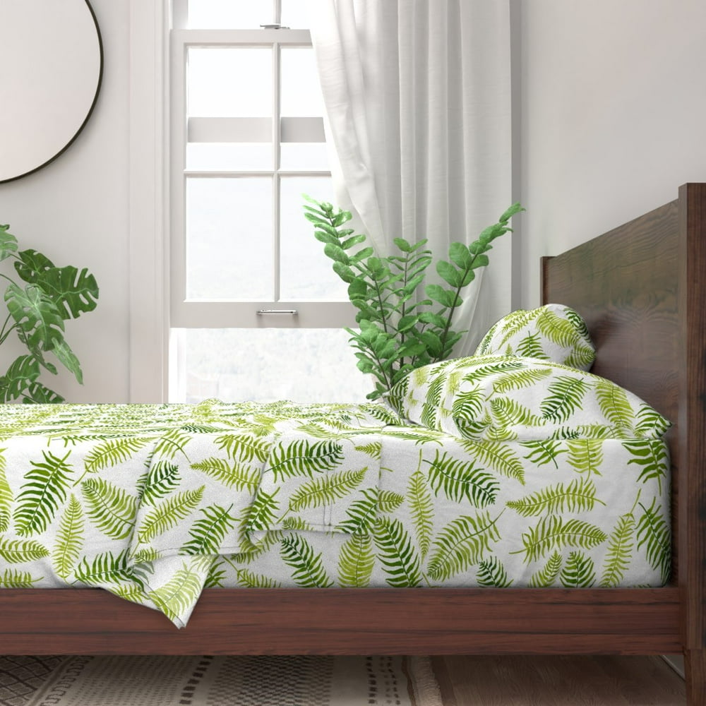 Green Fern Pattern Tropical Leaf 100 Cotton Sateen Sheet Set by Roostery